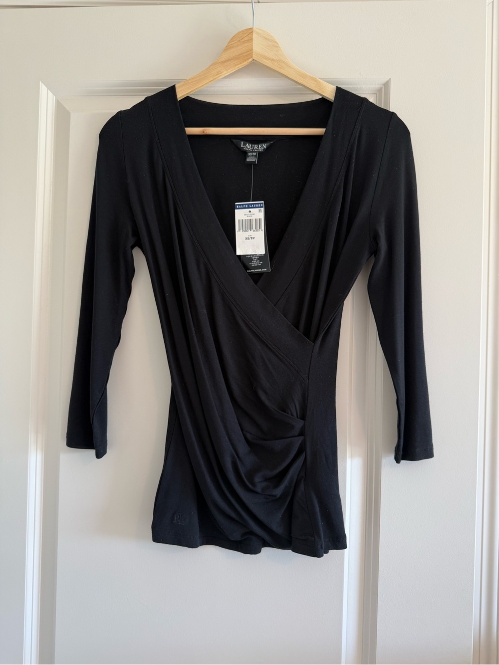 Lauren Ralph Lauren Black Faux-Wrap 3/4 Sleeve Top